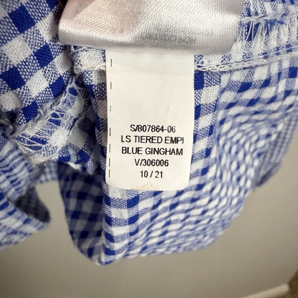 Old Navy M Tiered Blue Gingham Seersucker Long Sleeve Top Puff Sleeve Wide Neck